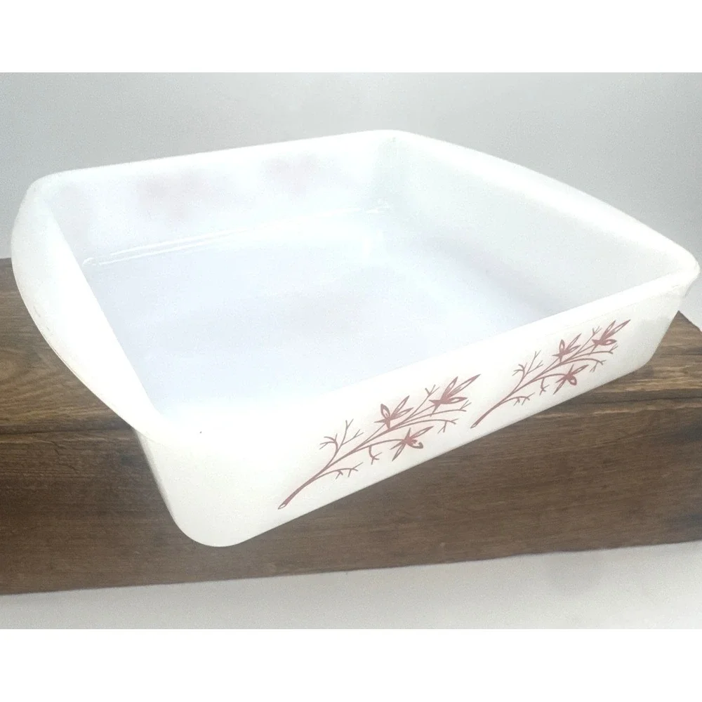 Vintage Glasbake J-247-14 Casserole Dish Tree Branch White Milk Glass Baking